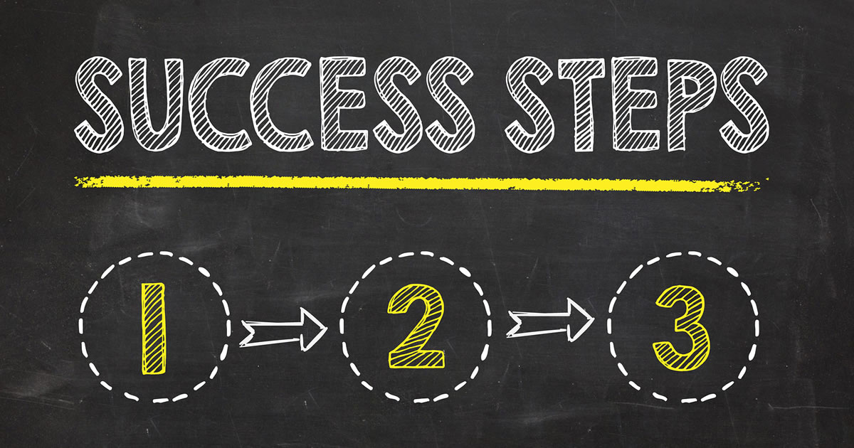 Success steps text written on blackboard with numbers 1, 2, 3