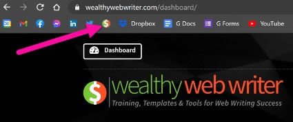 Screen shot of web browser bookmarks bar with an arrow pointing to the Wealthy Web Writer favicon