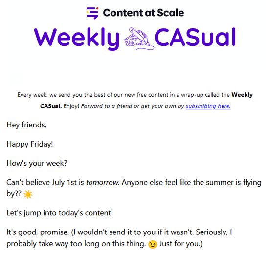 Screenshot of the introduction to Content at Scale’s e-newsletter