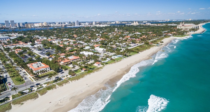 Florida coastline showing a city and the beach