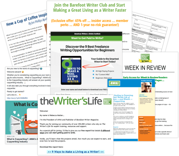 Collage of writing projects, depected here: Blog post, sales page, video script, squeez page, social media posts, e-newsletter, email, and a case study