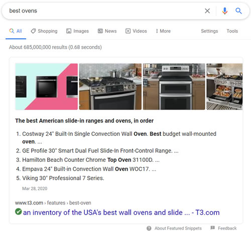 A search engine results page for the query 'best ovens'